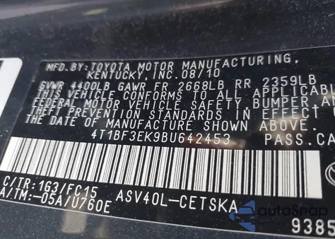 2011 Toyota Camry Se from USA, damaged, VIN 4T1BF3EK9BU642453